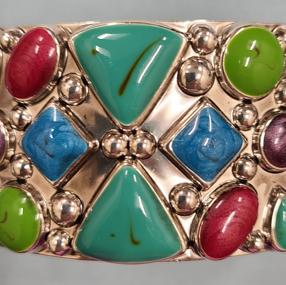 Silver plated cuff bracelet with large, bright gems